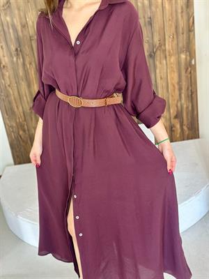 Premium Series Trikoton Kumaş Kemerli Uzun Gömlek Elbise Mürdüm