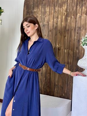 Premium Series Trikoton Kumaş Kemerli Uzun Gömlek Elbise Lacivert