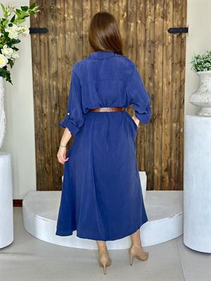 Premium Series Trikoton Kumaş Kemerli Uzun Gömlek Elbise Lacivert