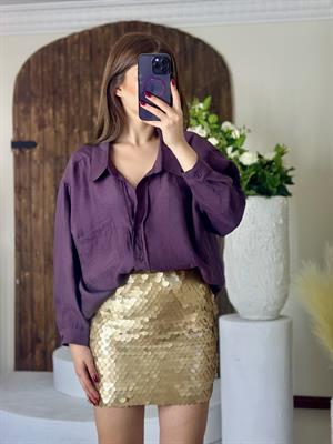 Pul Payet Astarlı Likralı Mini Etek Gold