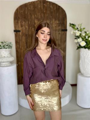 Pul Payet Astarlı Likralı Mini Etek Gold