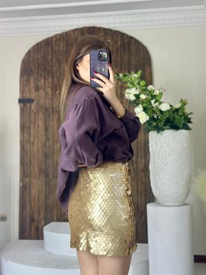 Pul Payet Astarlı Likralı Mini Etek Gold