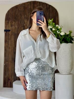 Pul Payet Astarlı Likralı Mini Etek Gümüş