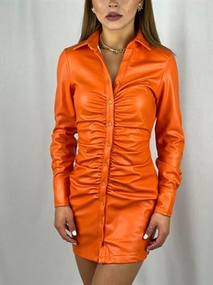 Renkli Drapeli Deri Gömlek Elbise