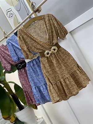 Şal Desen Kruvaze Yaka Eteği Kat Dikişli Elbise