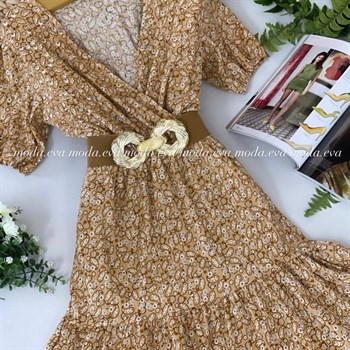 Şal Desen Kruvaze Yaka Eteği Kat Dikişli Elbise