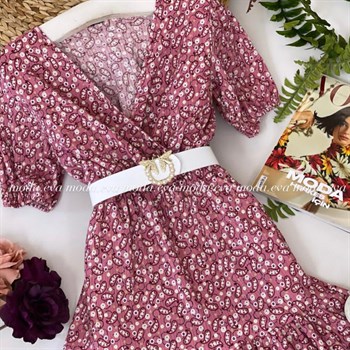 Şal Desen Kruvaze Yaka Eteği Kat Dikişli Elbise