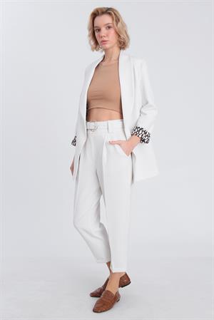 Şal Yaka Leopar Astarlı Poliviskon Blazer Ceket Beyaz