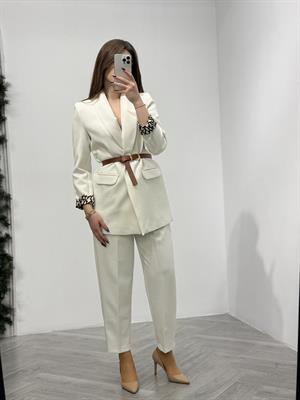 Şal Yaka Leopar Astarlı Poliviskon Blazer Ceket Beyaz