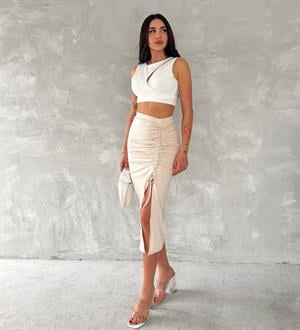 Sandy Kumaş Asansör Ayarlı Midi Boy Etek Krem