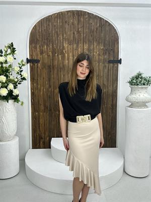 Sandy Kumaş Asimetrik Kesim Volan Detay Midi Boy Etek Bej