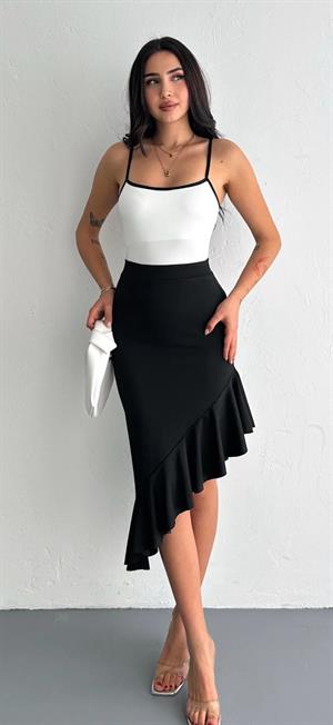 Sandy Kumaş Asimetrik Kesim Volan Detay Midi Boy Etek Siyah