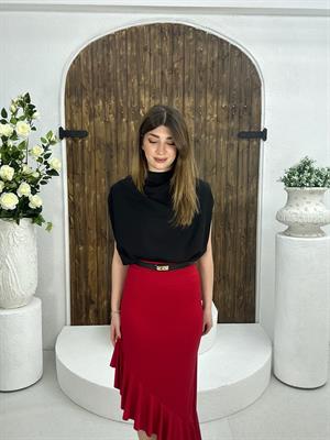 Sandy Kumaş Asimetrik Kesim Volan Detay Midi Boy Etek