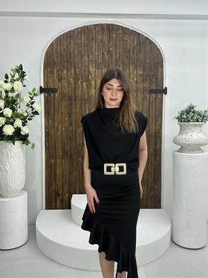 Sandy Kumaş Asimetrik Kesim Volan Detay Midi Boy Etek Siyah