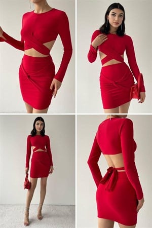 Sandy Kumaş Bağlama Detay Etekli İkili Takım 