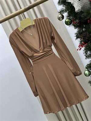 Sandy Kumaş Bel Detaylı Balon Kol Kloş Bej Elbise