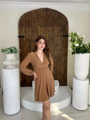 Sandy Kumaş Bel Detaylı Balon Kol Kloş Bej Elbise