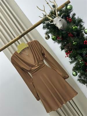 Sandy Kumaş Bel Detaylı Balon Kol Kloş Bej Elbise