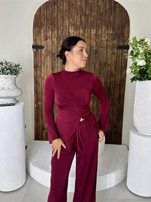Sandy Kumaş Büzgü Detay Pantolon Bluz İkili Bordo Takım