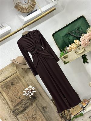 Sandy Kumaş Büzgü Detay Pantolon Bluz İkili Kahverengi Takım