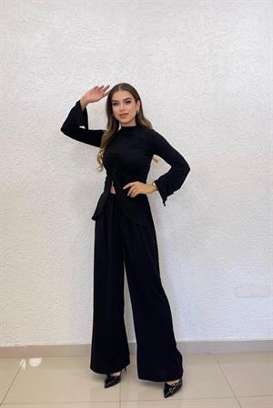 Sandy Kumaş Büzgü Detay Pantolon Bluz İkili Siyah Takım