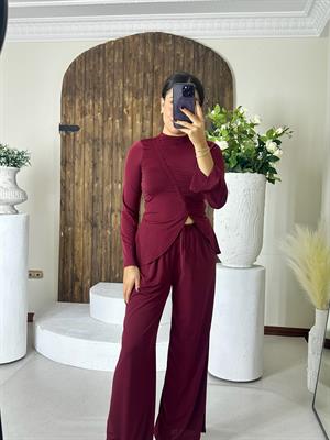 Sandy Kumaş Büzgü Detay Pantolon Bluz İkili Bordo Takım