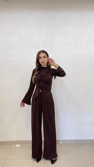 Sandy Kumaş Büzgü Detay Pantolon Bluz İkili Kahverengi Takım