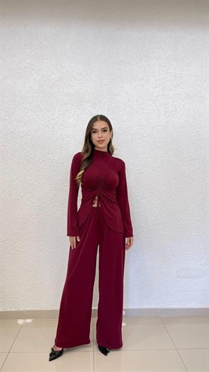 Sandy Kumaş Büzgü Detay Pantolon Bluz İkili Bordo Takım
