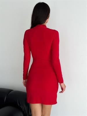 Sandy Kumaş Drape Detay Uzun Kollu Kırmızı Elbise