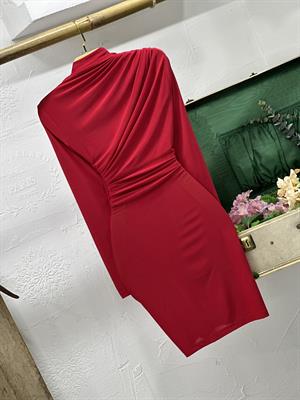 Sandy Kumaş Drape Detay Uzun Kollu Kırmızı Elbise