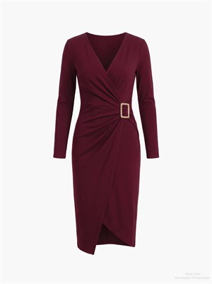 Sandy Kumaş Drape Detaylı Metal Aksesuarlı Kalem Elbise Bordo