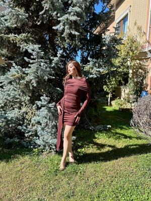 Sandy Kumaş Drapeli Asimetrik Detaylı Elbise Kahverengi