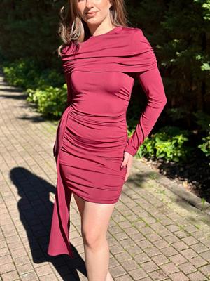 Sandy Kumaş Drapeli Asimetrik Detaylı Elbise Bordo