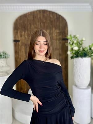 Sandy Kumaş Drapeli Mini Elbise Siyah