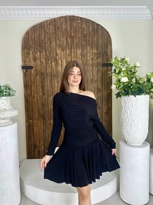 Sandy Kumaş Drapeli Mini Elbise Siyah