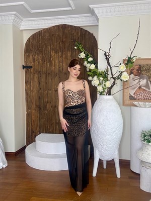 Sandy Kumaş Drapeli Tül Detaylı Gloplu Uzun Elbise Leopar