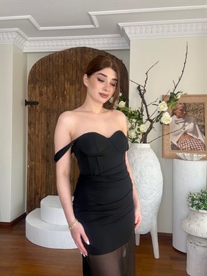 Sandy Kumaş Drapeli Tül Detaylı Gloplu Uzun Elbise Siyah