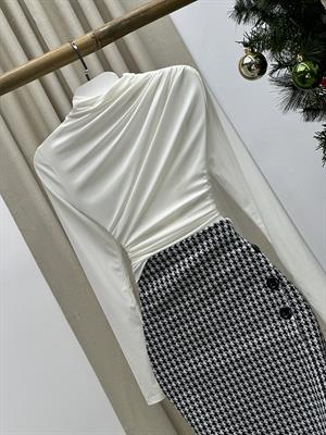 Sandy Kumaş Drapeli Yarım Balıkçı Beyaz Bluz 