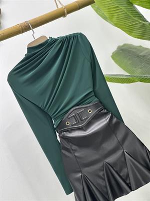 Sandy Kumaş Drapeli Yarım Balıkçı Yeşil  Bluz 