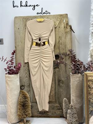 Sandy Kumaş Eteği Drapeli Bluz Çapraz Detay İkili Takım