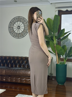 Sandy Kumaş Gold Düğme Detaylı Kalem Elbise Krem