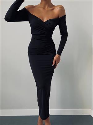 Sandy Kumaş Kalp Yaka Düşük Omuz Uzun Siyah Elbise