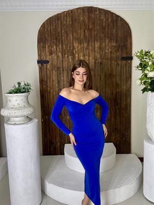 Sandy Kumaş Kalp Yaka Düşük Omuz Uzun Saks Mavi Elbise