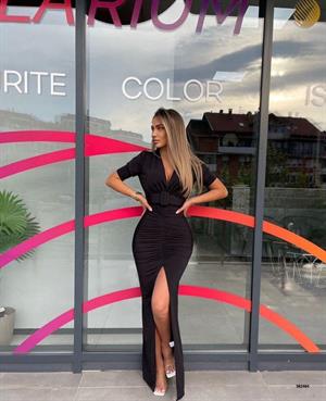 Sandy Kumaş Kaplama Kemerli Drapeli Uzun  Elbise