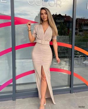 Sandy Kumaş Kaplama Kemerli Drapeli Uzun  Elbise