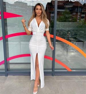 Sandy Kumaş Kaplama Kemerli Drapeli Uzun  Elbise