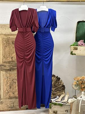 Sandy Kumaş Kaplama Kemerli Drapeli Uzun  Elbise