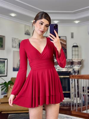 Sandy Kumaş Kat Etekli Derin V Yaka Elbise Kırmızı