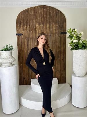 Sandy Kumaş Kendinden Kemerli Derin V Yaka Elbise