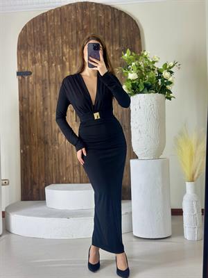 Sandy Kumaş Kendinden Kemerli Derin V Yaka Elbise